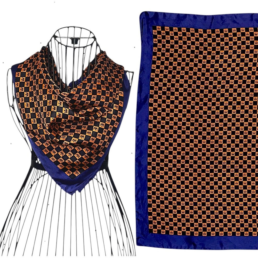 Vintage Orange and Black Checkered Print with Crowns and Blue Border Silk Scarf